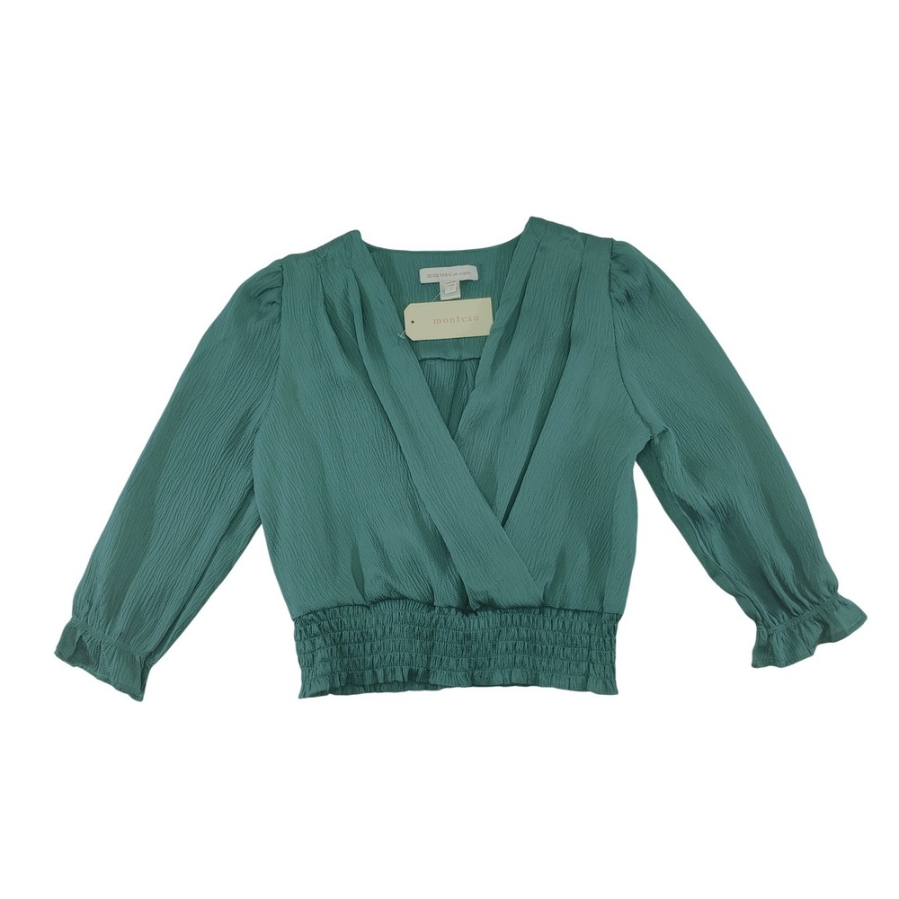 MONTEAU Teal Green Textured Smocked Waist Wrap 3/4 Sleeve Blouse Top Size S